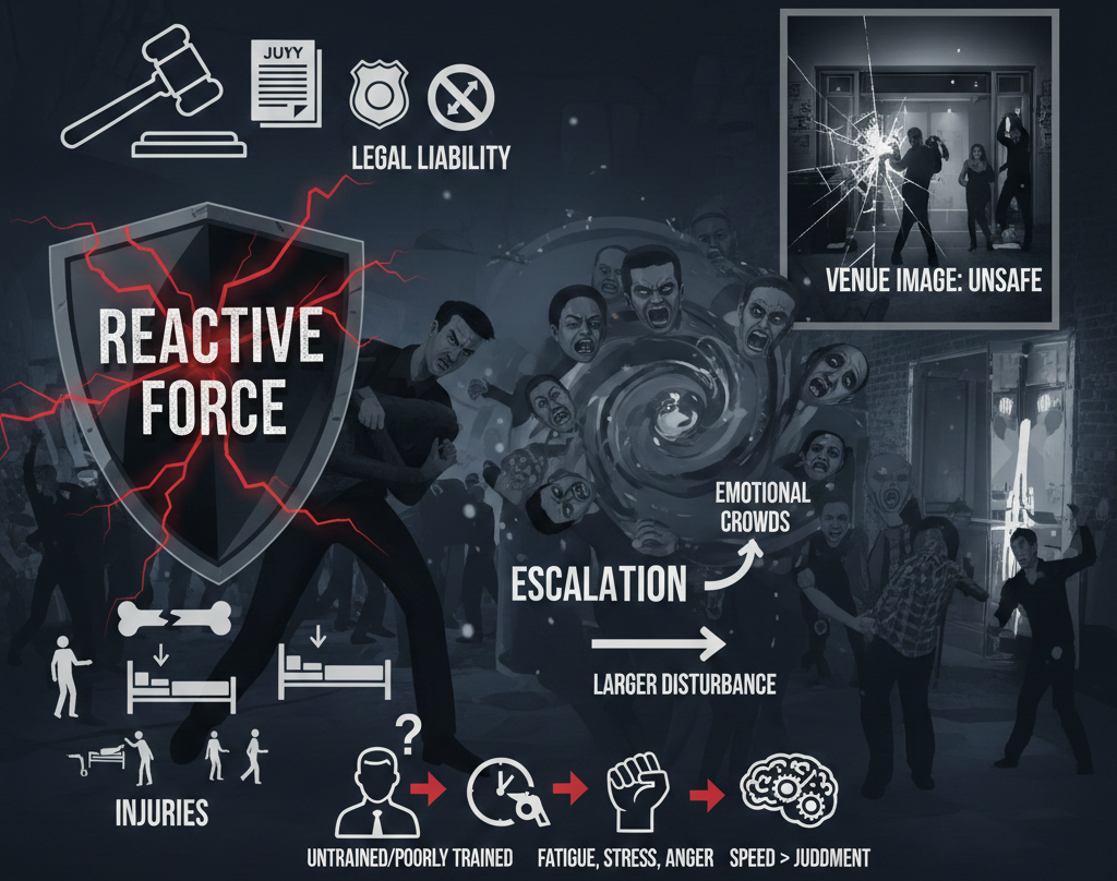 Risks and Limitations of Reactive Force

Although reactive force can be necessary in dangerous situations, it comes with serious limitations. One major risk is legal liability. If force is seen as unnecessary or excessive, bouncers and venue owners can face lawsuits, police involvement, and license problems. Injuries to guests or staff can result in long-term consequences for everyone involved. Another limitation is escalation. Physical force can trigger emotional reactions from crowds, turning one incident into a larger disturbance. Reactive force also affects the image of a venue. Guests may feel unsafe if they witness aggressive handling, even if the bouncer acted to stop danger. Training plays a big role here, as untrained or poorly trained bouncers may rely too much on physical reactions. Fatigue, stress, or personal anger can also influence split-second decisions, leading to mistakes. Because reactive force depends on speed rather than judgment, it leaves little room for assessing the full situation. These risks explain why reactive force is considered a last option rather than a standard method in professional bouncer security operations.